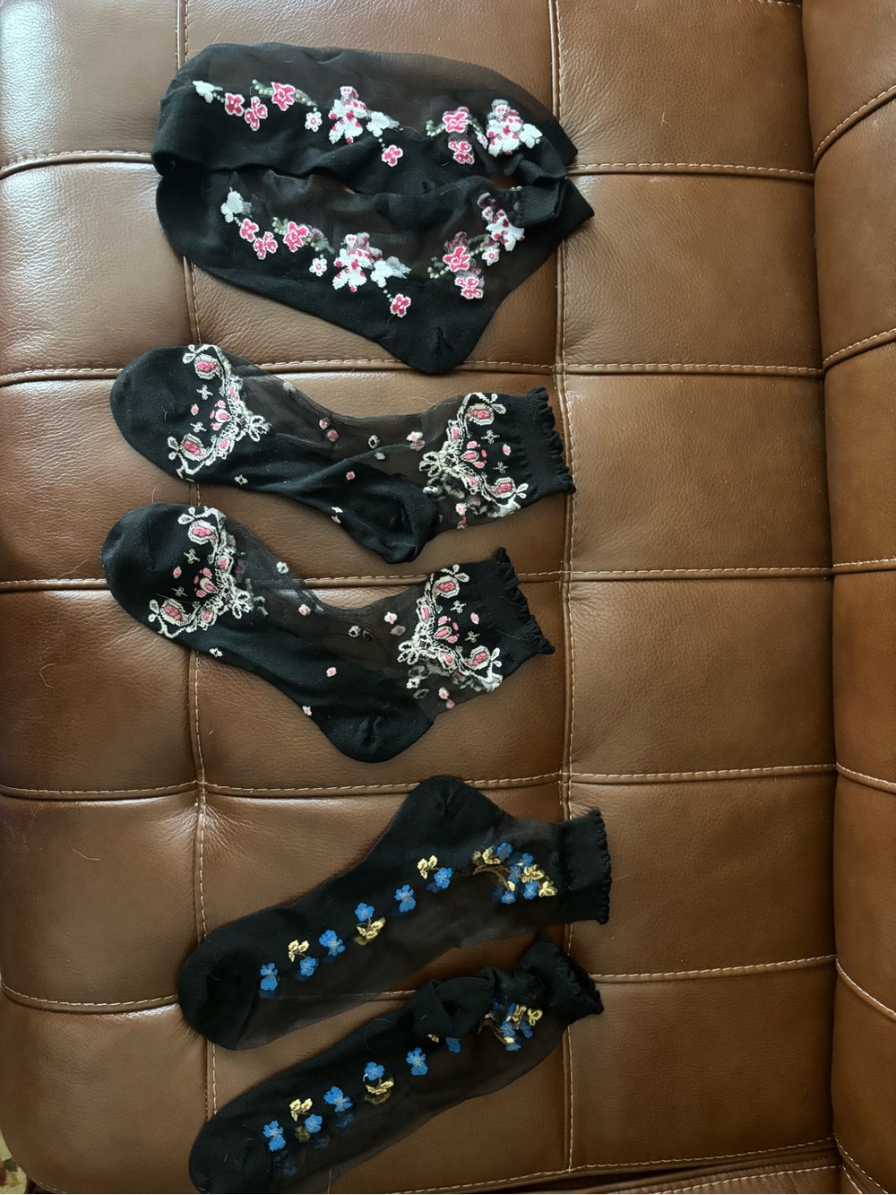 Embroidered Black Sheer Ankle Socks Set - Pink & Blue Floral